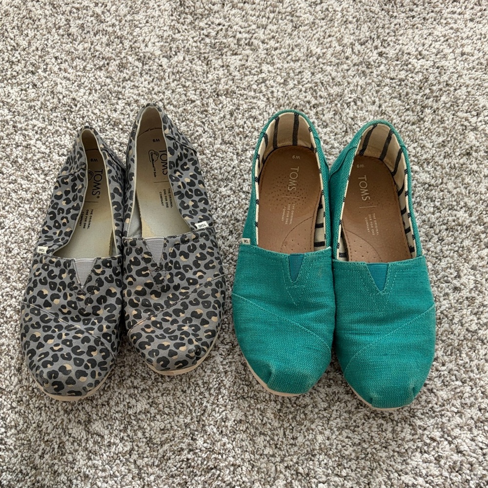 TOMS Leopard Print Slip-Ons & Teal Canvas Slip-Ons Duo